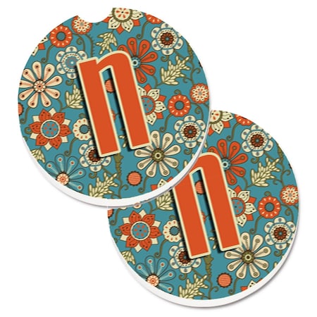 Carolines Treasures Letter N Flowers Retro Blue Set of 2 Cup Holder Car Coaster CJ2012-NCARC